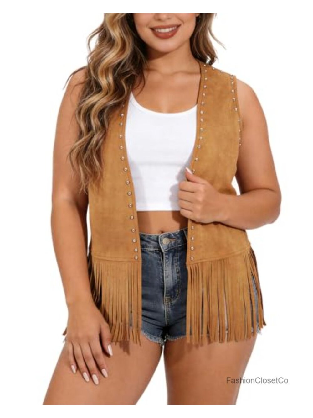 Plus Size Faux Suede Fringe Vest for Women Sleeveless Tassel Jacket Western